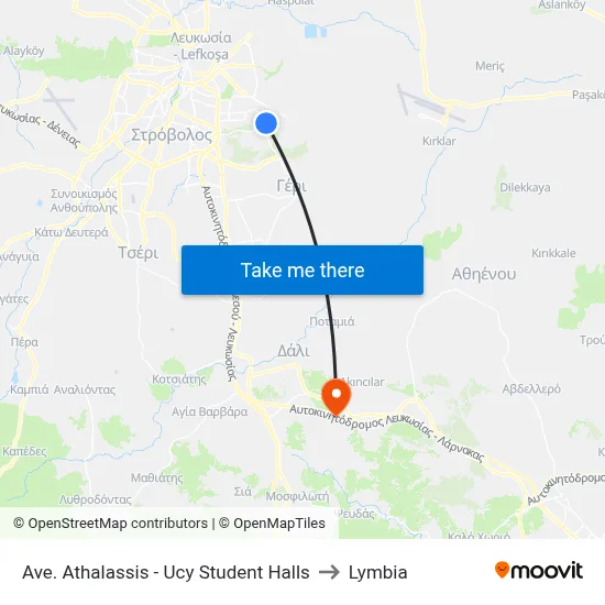 Ave. Athalassis - Ucy Student Halls to Lymbia map