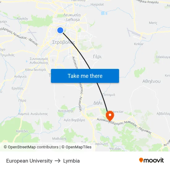 European University to Lymbia map