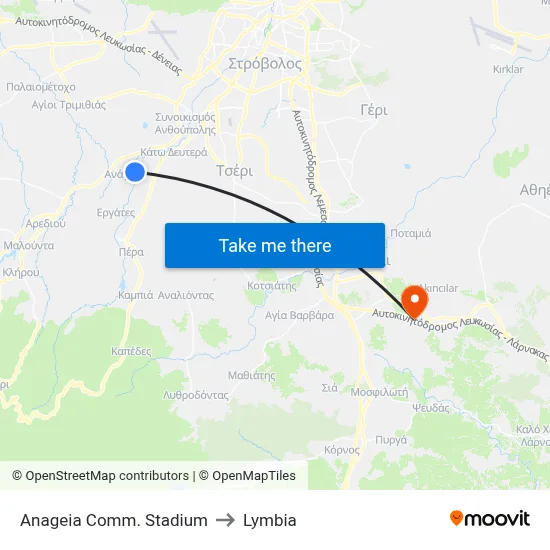 Anageia Comm. Stadium to Lymbia map