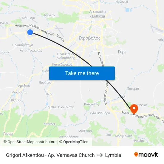 Grigori Afxentiou - Ap. Varnavas Church to Lymbia map