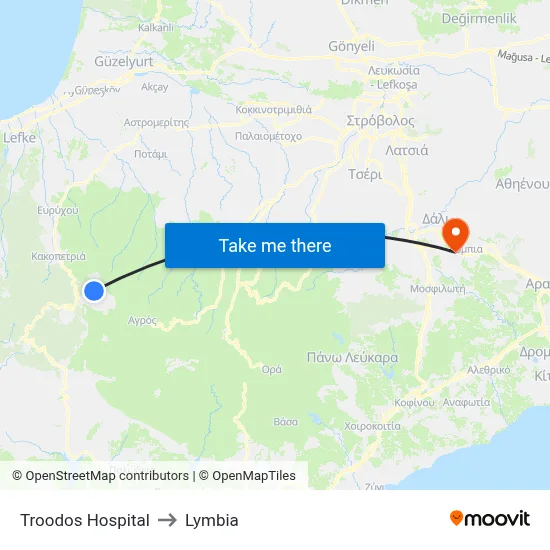 Troodos Hospital to Lymbia map