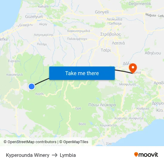Kyperounda Winery to Lymbia map