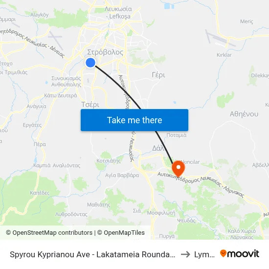 Spyros Kyprianou Avenue - Lakatameia Roundabout Metro to Lymbia map