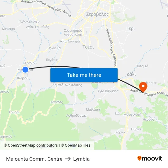 Malounta Comm. Centre to Lymbia map