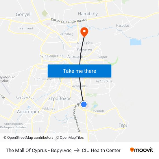 The Mall Of Cyprus - Βεργίνας to CIU Health Center map