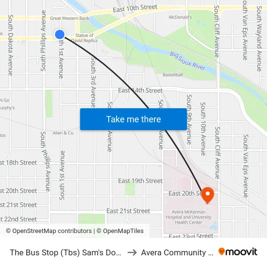 The Bus Stop (Tbs) Sam's Downtown Terminal to Avera Community  Blood Bank map