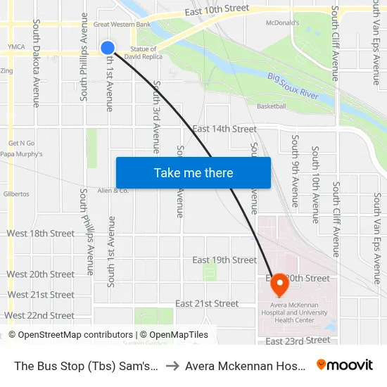 The Bus Stop (Tbs) Sam's Downtown Terminal to Avera Mckennan Hospital Main Building map