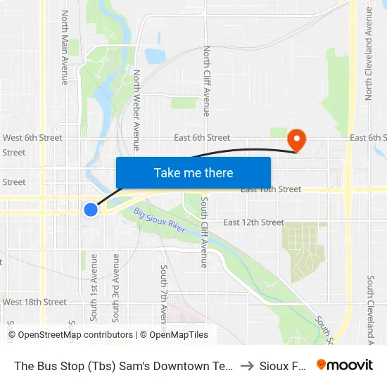The Bus Stop (Tbs) Sam's Downtown Terminal to Sioux Falls map