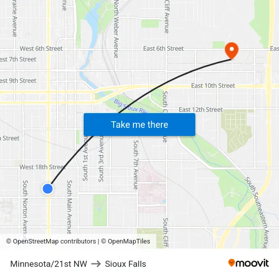 Minnesota/21st NW to Sioux Falls map