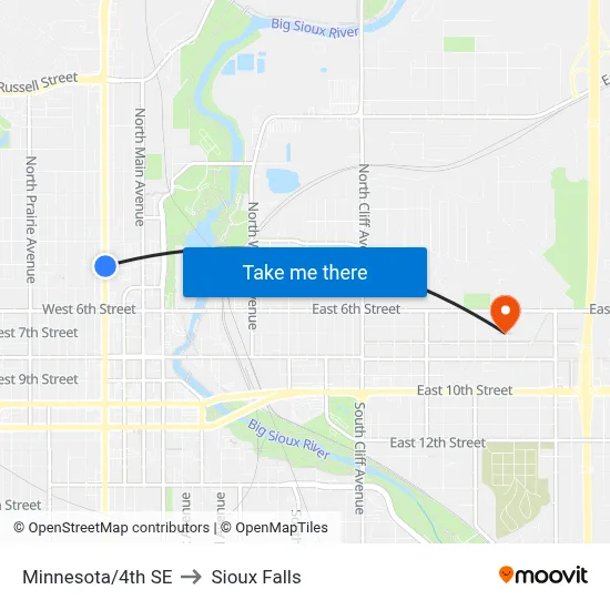 Minnesota/4th SE to Sioux Falls map