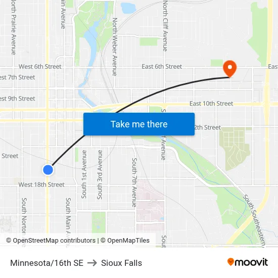 Minnesota/16th SE to Sioux Falls map
