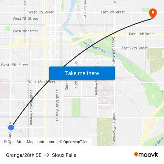Grange/28th SE to Sioux Falls map