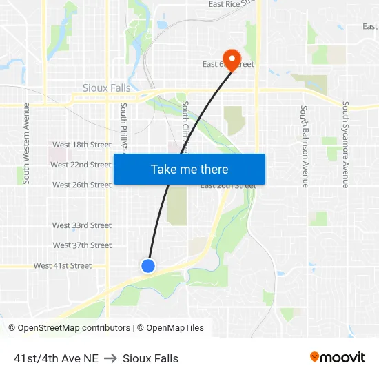 41st/4th Ave NE to Sioux Falls map