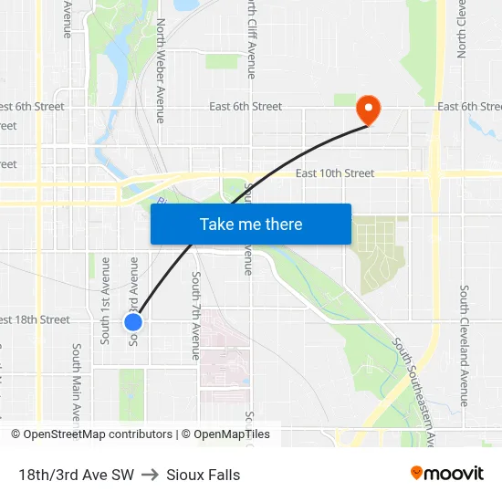 18th/3rd Ave SW to Sioux Falls map