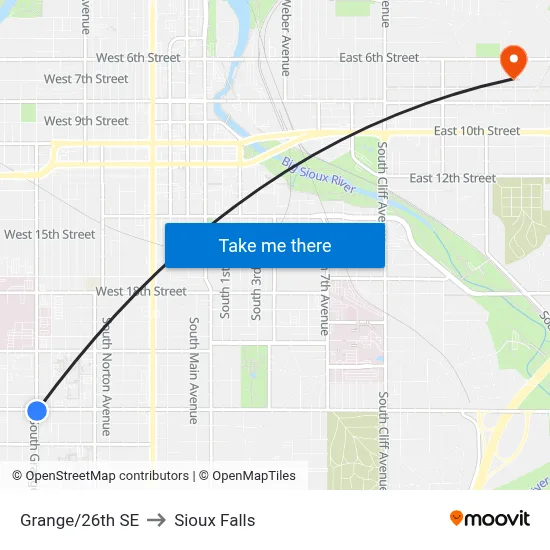 Grange/26th SE to Sioux Falls map