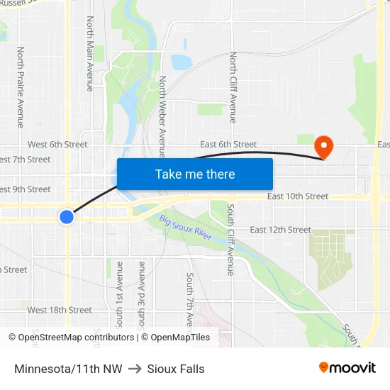 Minnesota/11th NW to Sioux Falls map