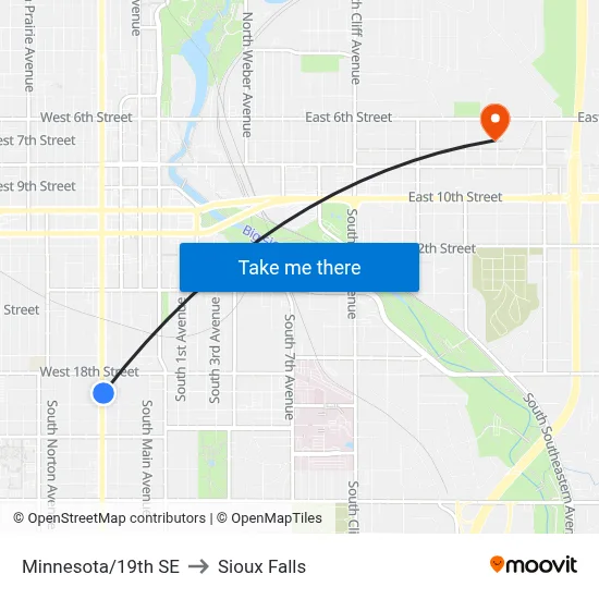 Minnesota/19th SE to Sioux Falls map