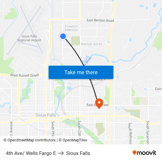 4th Ave/ Wells Fargo E to Sioux Falls map