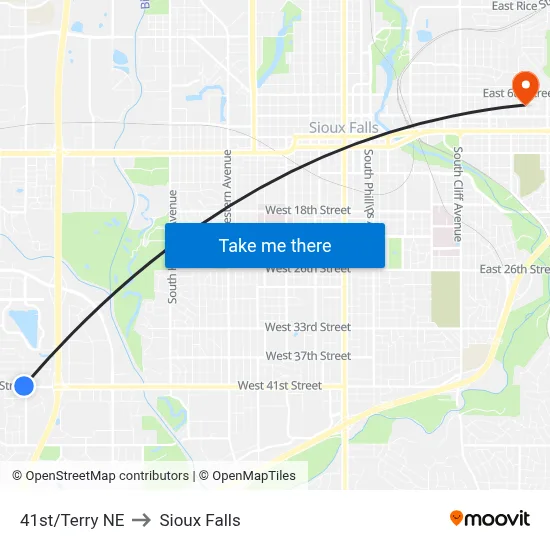 41st/Terry NE to Sioux Falls map