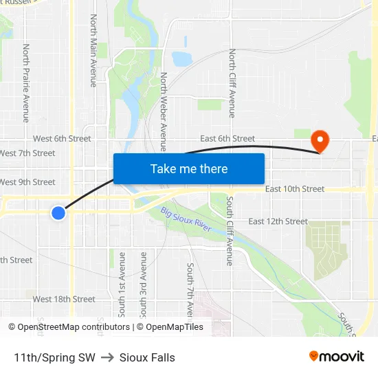 11th/Spring SW to Sioux Falls map