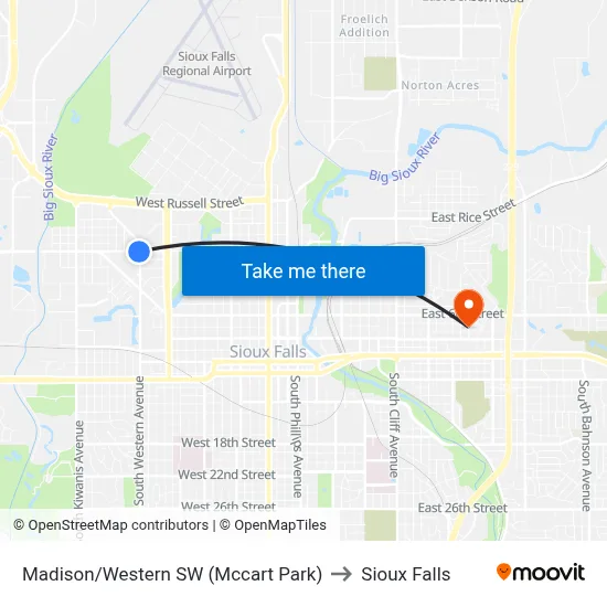 Madison/Western SW (Mccart Park) to Sioux Falls map
