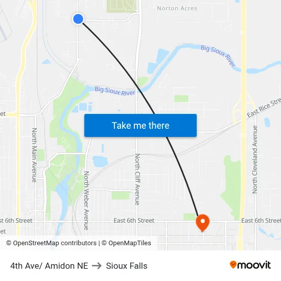 4th Ave/ Amidon NE to Sioux Falls map