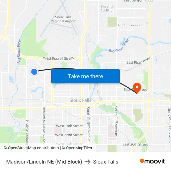 Madison/Lincoln NE (Mid-Block) to Sioux Falls map