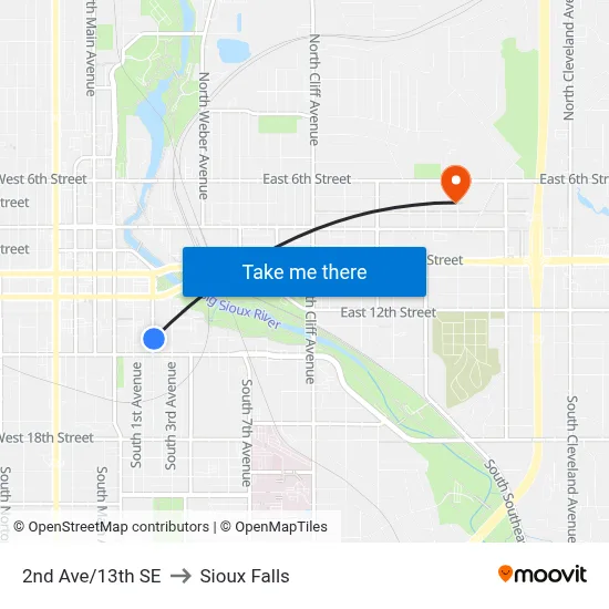 2nd Ave/13th SE to Sioux Falls map