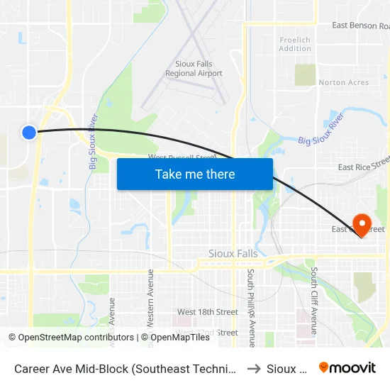 Career Ave Mid-Block (Southeast Technical Institute) to Sioux Falls map