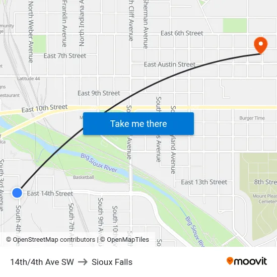 14th/4th Ave SW to Sioux Falls map