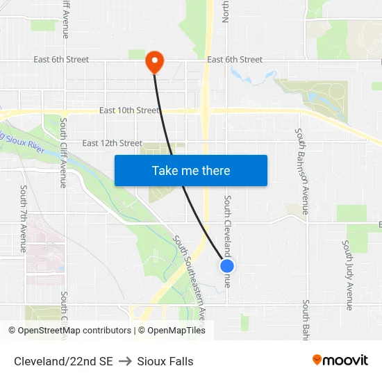 Cleveland/22nd SE to Sioux Falls map