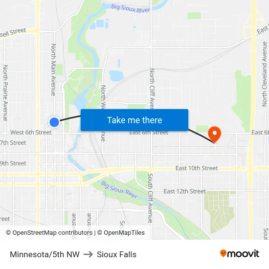 Minnesota/5th NW to Sioux Falls map