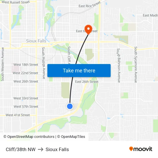 Cliff/38th NW to Sioux Falls map