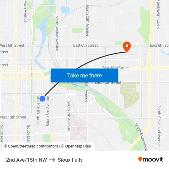 2nd Ave/15th NW to Sioux Falls map