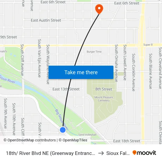 18th/ River Blvd NE (Greenway Entrance) to Sioux Falls map