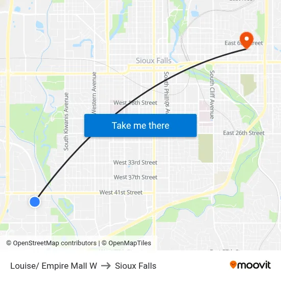 Louise/ Empire Mall W to Sioux Falls map