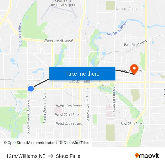 12th/Williams NE to Sioux Falls map