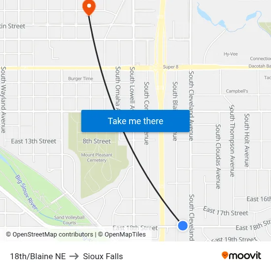 18th/Blaine NE to Sioux Falls map