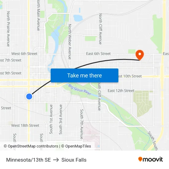 Minnesota/13th SE to Sioux Falls map