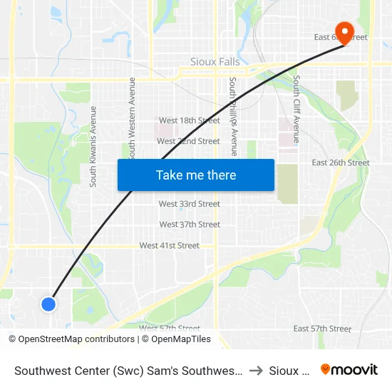 Southwest Center (Swc) Sam's Southwest Transit Hub to Sioux Falls map