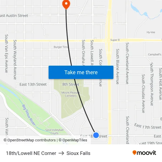18th/Lowell NE Corner to Sioux Falls map