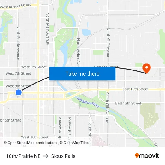 10th/Prairie NE to Sioux Falls map