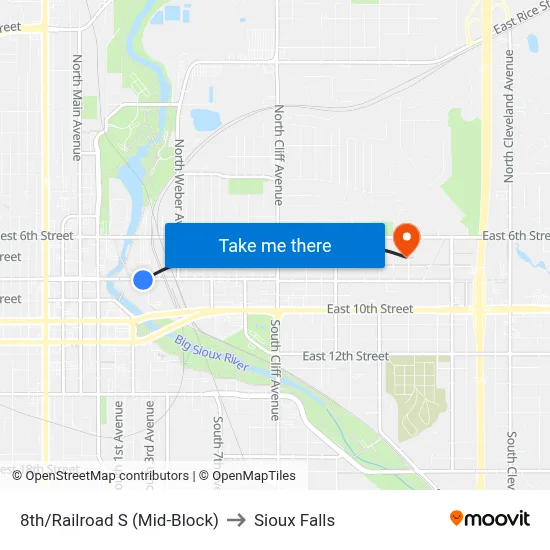 8th/Railroad S (Mid-Block) to Sioux Falls map