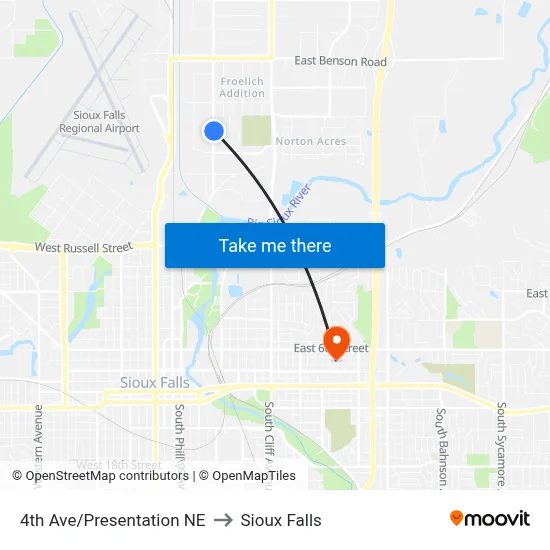 4th Ave/Presentation NE to Sioux Falls map