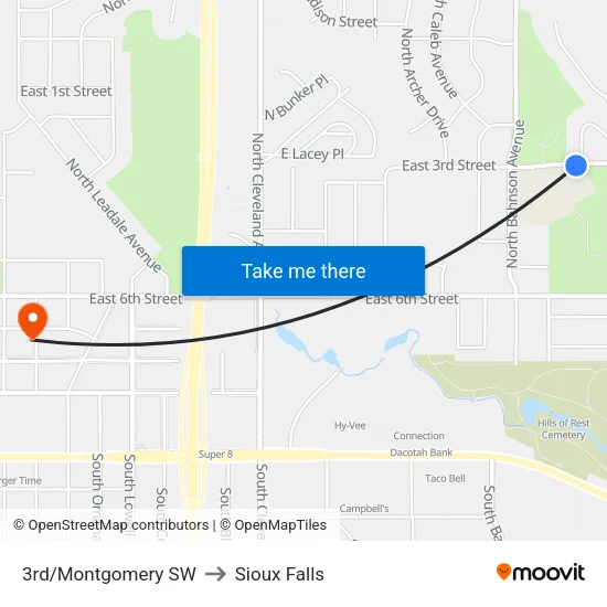 3rd/Montgomery SW to Sioux Falls map