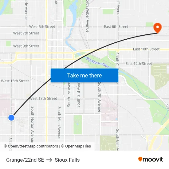 Grange/22nd SE to Sioux Falls map