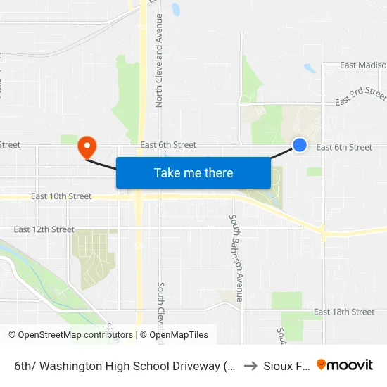 6th/ Washington High School Driveway (Mid-Block) to Sioux Falls map