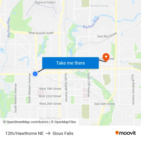 12th/Hawthorne NE to Sioux Falls map