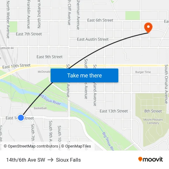 14th/6th Ave SW to Sioux Falls map