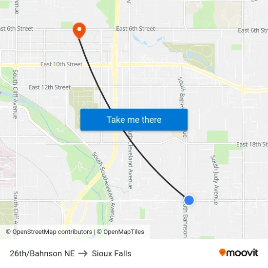 26th/Bahnson NE to Sioux Falls map